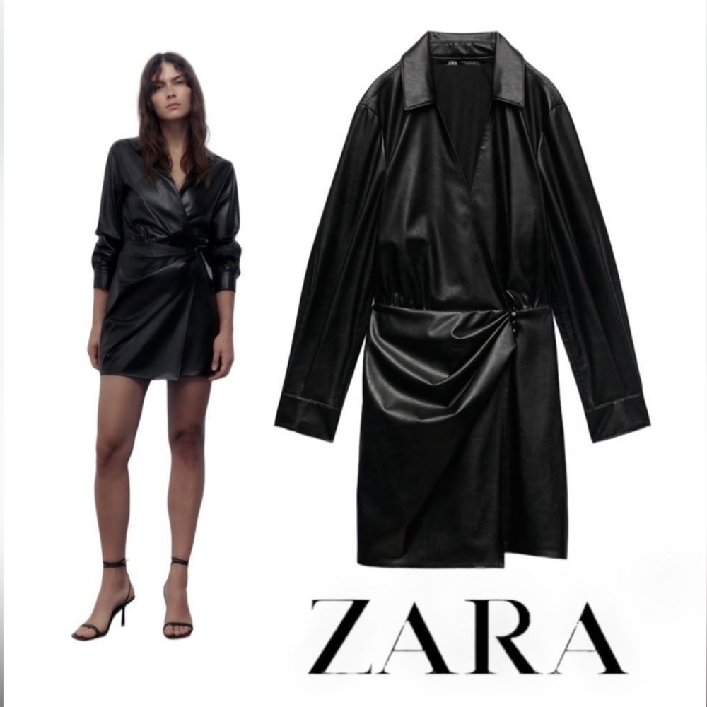 ⚡️Stunning ZARA | Black | DRAPED FAUX LEATHER SHIRT DRESS